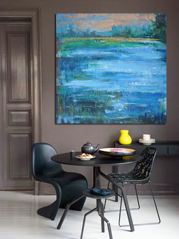 Oversized Abstract Landscape Oil Painting,Large Colorful Wall Art,Blue,Green,Yellow,Nude